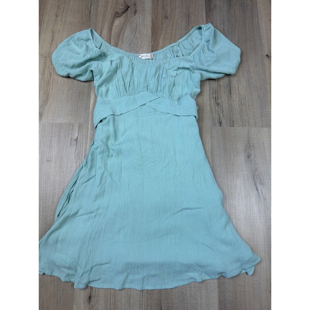 Altar'd State Sage Green Crinkle Mini Dress Short Puff Sleeve Bow Back Small